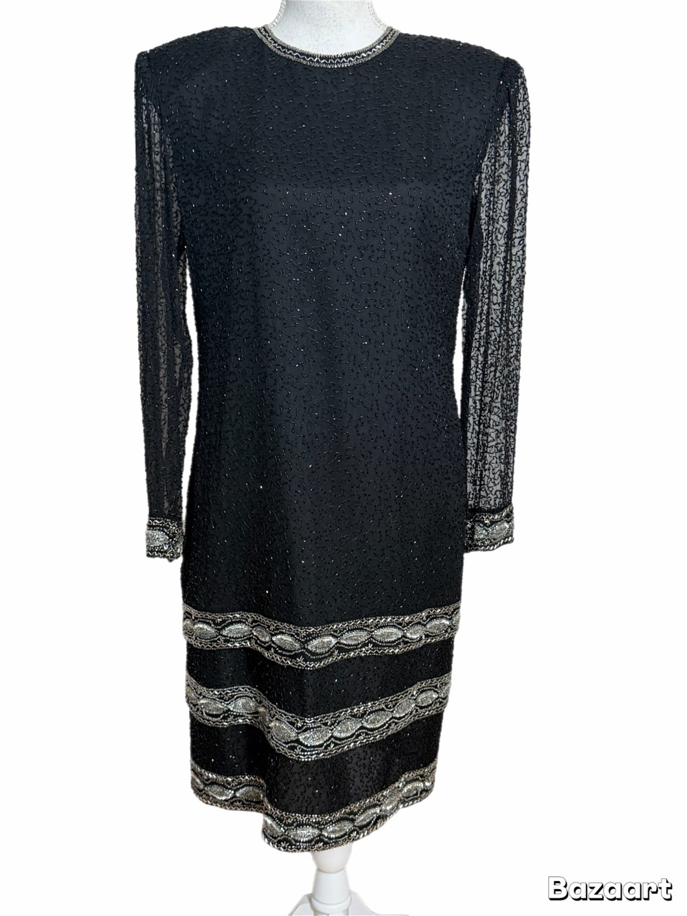 Brilliante by J.A. Women’s Large Black Beaded Sheer Sleeve Cocktail Dress Silk - Picture 2 of 6